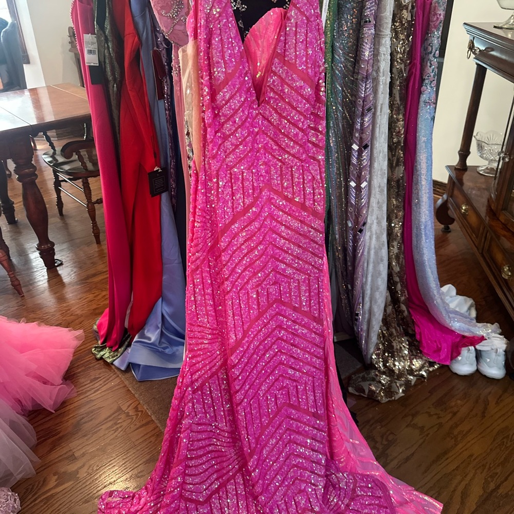 Jovani Bright Pink Sequin V-Neck Prom Dress